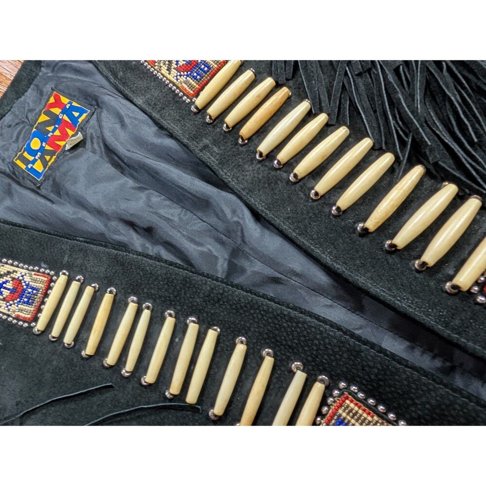 TONY LAMA Women's 14 Southwest Fringed Beaded Black Suede Leather Bolero Jacket - Picture 10 of 16